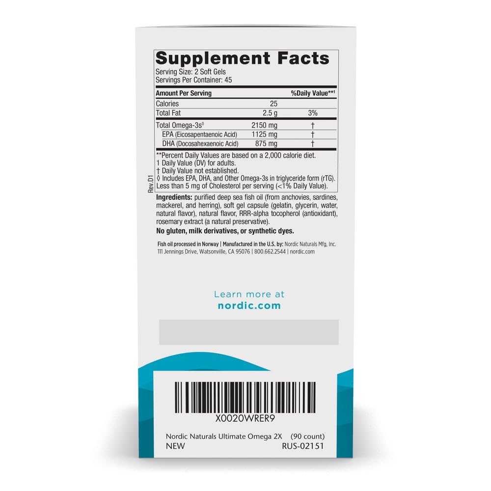 Nordic Naturals Ultimate Omega 2X – High-Potency Fish Oil | 2150 mg EPA & DHA | Lemon Flavor, 120 Softgels