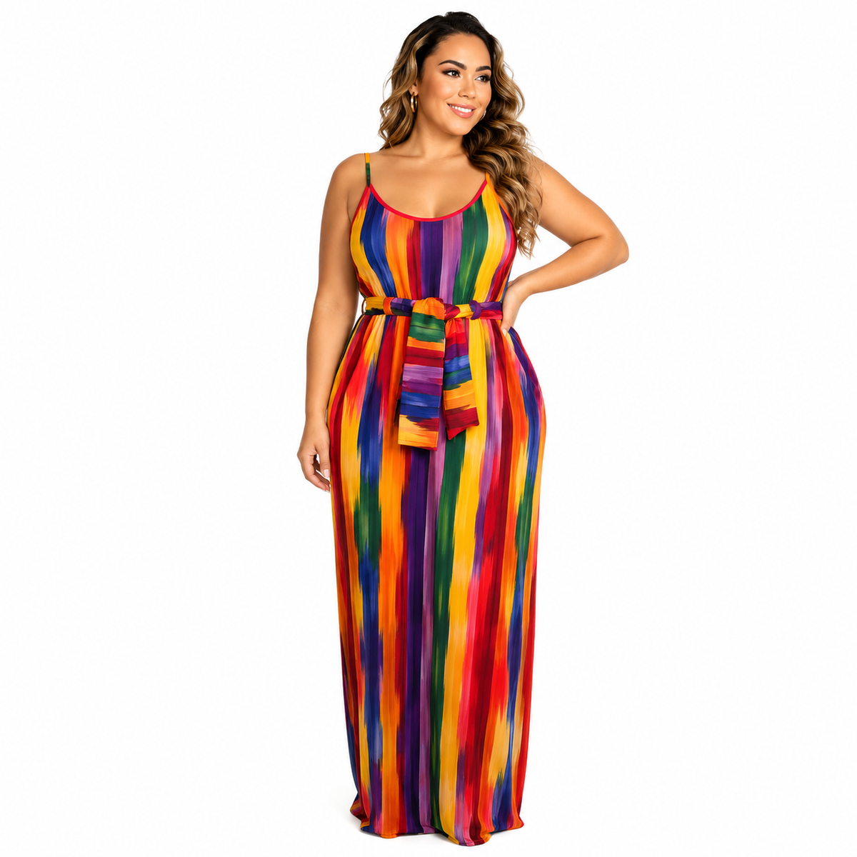Duma Mbili Sleeveless Striped Maxi Dress with Matching Belt & Pockets